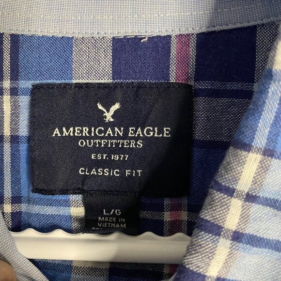 American Eagle Men's Blue Plaid Button-Down Classic Shirt - Picture 6 of 9